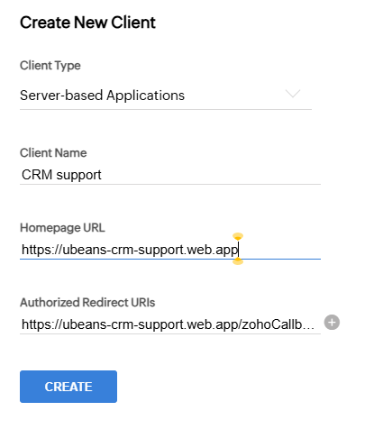 Create New Clientの入力例